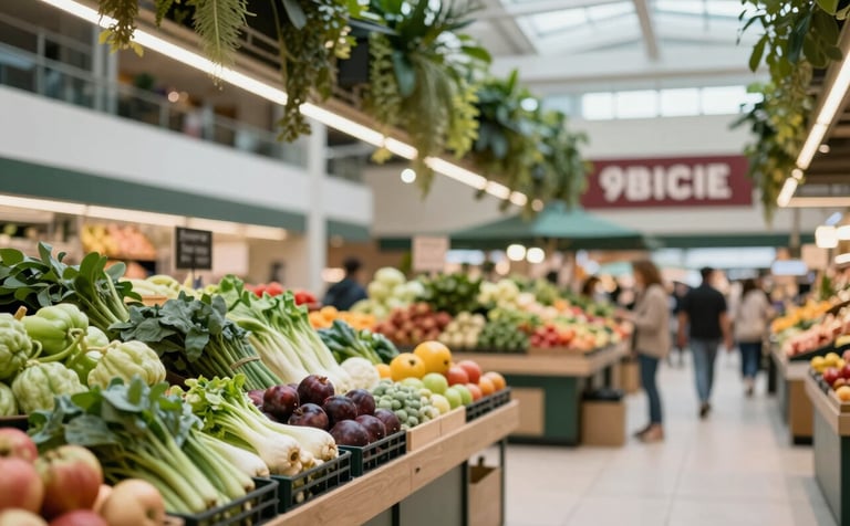 A vibrant, modern food market scene. High ceilings, clean architectural lines, and organized stalls of fresh produce. The color palette is dominated by #FDF5E6 tones with pops of #364536 green foliage and #9B1C1C market signage.