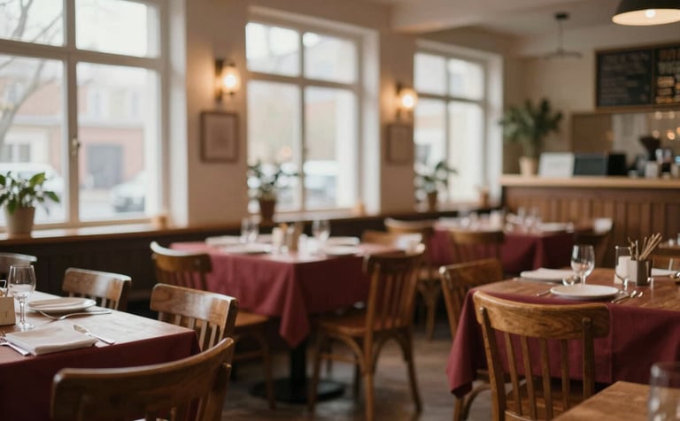 A wide shot of a cozy, Scandinavian-style restaurant interior. The scene features warm #4A3C32 wooden furniture, soft morning light through large windows, and subtle #9B1C1C crimson accents in the table linens. The atmosphere is authentic and inviting.
