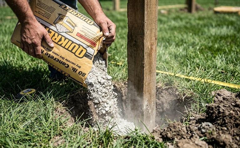 Worker pouring dry Quikrete concrete mix into a post hole to secure a wooden fence pillar.