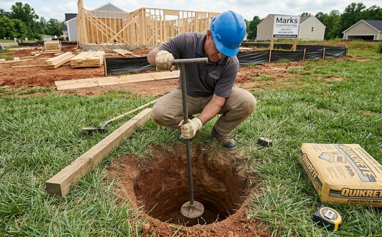 Construction worker using a manual post hole digger at a residential building site for foundation work.