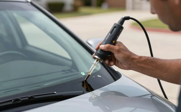 Close-up photography of a professional technician's hand using a high-precision resin injector on a car windshield chip. The setting is a bright North American driveway, with soft light reflecting off a clean silver vehicle. Professional excellence and reliability, with focus on the precision tool and glass.