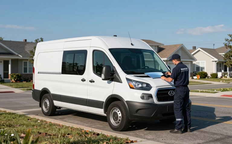 Wide shot of a clean, modern white mobile service van parked in a North American suburban neighborhood. A professional technician in a branded dark navy uniform is carefully preparing a new windshield for installation. Bright blue sky and sharp morning lighting.