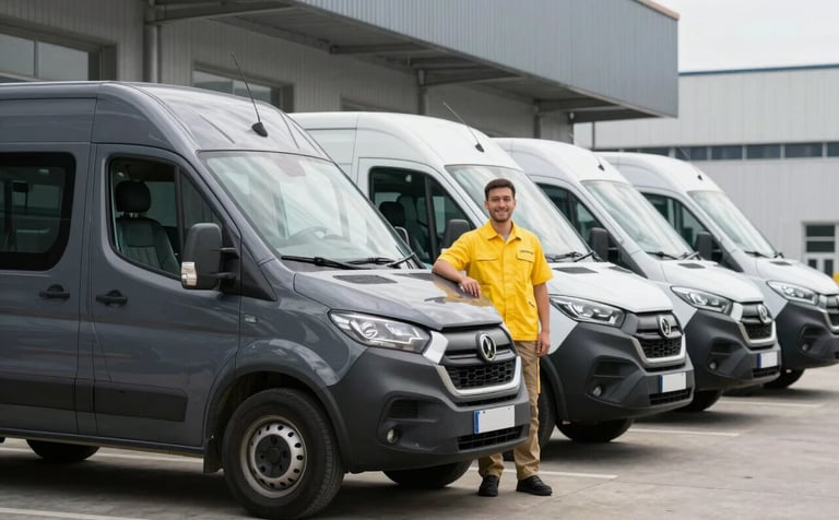 A fleet of modern charcoal black and soft white delivery vans parked in a diagonal row outside a logistics center. A driver in a golden yellow uniform is standing beside the first van, smiling at the camera, projecting empathy and professional service.