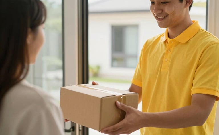 A close-up shot of a delivery professional in a golden yellow shirt handing a brown cardboard box to a customer at the door of a modern residence. Both are smiling, emphasizing the human and empathetic side of the service. Warm, natural soft white light.