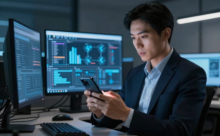 A sophisticated professional in a modern North American / US office environment, using a sleek smartphone. The lighting is low-key with accents of Deep Blue and Steel Blue from ambient digital screens. High-end, sharp focus, capturing an atmosphere of technological prowess and efficiency.