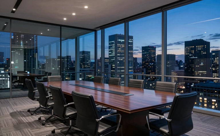 A wide-angle interior of a sleek, glass-walled North American / US corporate boardroom at twilight. Reflections of city lights create a Steel Blue and Dark Navy ambiance. The scene is sophisticated and conveys high-level business intelligence and modern power.