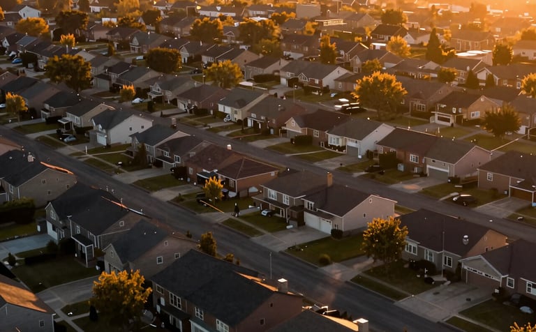 An aerial property shot of a residential neighborhood at golden hour, capturing high-contrast shadows and warm light. The style is professional and strategic, highlighting potential and value. Incorporates deep burnt orange tones in the sunlight and charcoal blacks in the roof silhouettes.