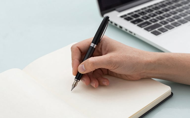 Close-up of a person's hand using a fountain pen on a white notebook next to a high-end laptop on a Pale Azure desk. The aesthetic is clean and minimalist, representing strategic planning and focus. Lighting is bright and even.