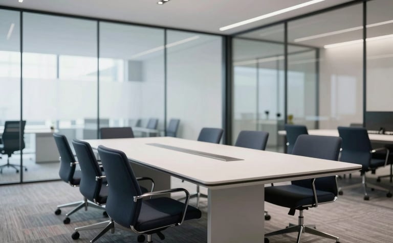 A professional and minimalist wide-angle shot of a bright modern office meeting room. The space is filled with soft natural light. Furniture is sleek with Dark Navy accents and Soft Cloud White surfaces. A blurred glass wall in the background reflects a clean, corporate environment.