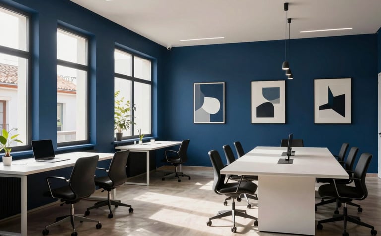 Sophisticated interior photography of a modern digital agency office in a Spanish / Iberian & Latin American location. Deep blue walls with minimalist art, large windows, and a clean, high-value ambiance. Soft shadows and a high-contrast composition featuring a warm white meeting area.