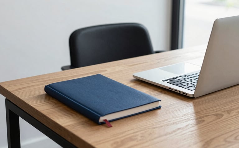 Minimalist photography of a bright, modern office in a Spanish / Iberian & Latin American city. A high-end wooden desk features a deep blue notebook and a sleek silver laptop. A soft black chair is partially visible. The lighting is natural, airy, and sophisticated, reflecting a high-value financial intelligence environment.