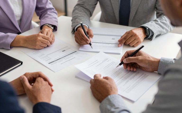 Elegant photography of a meeting between professionals in a Spanish / Iberian & Latin American workspace. Focused on hands reviewing clean, organized financial documents on a warm white table. Accents of lavender grey in the professional attire and stationery, conveying authority and clarity.
