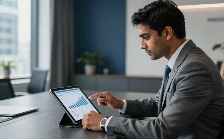 Professional photography of a financial consultant in a sleek, modern office in a South Asian city, reviewing a digital tablet with credit charts. The room features elegant Dark Blue and Light Gray decor with soft, natural lighting.