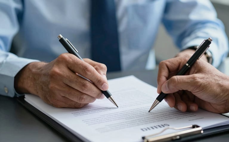 A close-up photograph of hands signing a loan agreement on a digital screen in a high-end South Asian business setting. The background shows blurred Light Blue and Dark Blue tones representing a reliable corporate atmosphere.