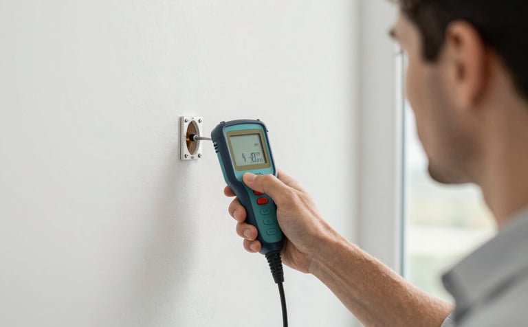 A close-up, high-detail shot of a professional inspector using a digital moisture meter on a wall in a modern Toronto home. The composition is clean and sophisticated, with a focus on precision and technology. The color palette incorporates #A8BBCD and #F4F7F9 for a clinical, trustworthy feel.