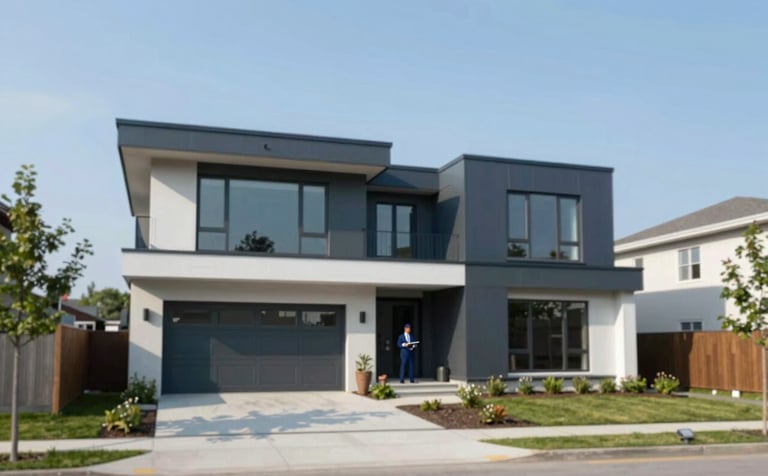 An architectural wide shot of a newly constructed modern residence in the GTA under a clear sky. A professional inspector is visible in the distance, reviewing a tablet. The style is modern and professional, utilizing the brand's cool tones of #4B657B and #1A2C3C for a premium look.
