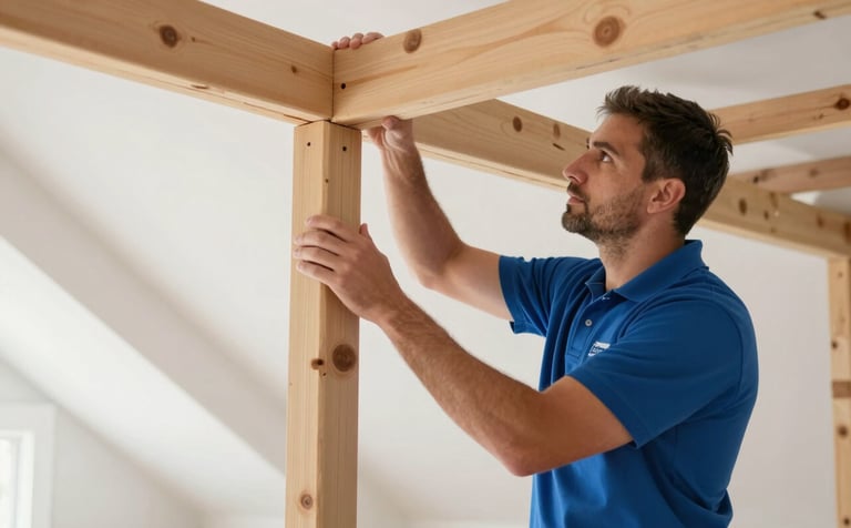 A professional home inspector in the Greater Toronto Area, wearing a branded polo shirt, meticulously examining the wooden rafters in a clean, bright residential attic. The scene is lit with natural, professional lighting, conveying reliability and expertise. Brand colors #1A2C3C and #4B657B are subtly present in the inspector's attire and equipment.