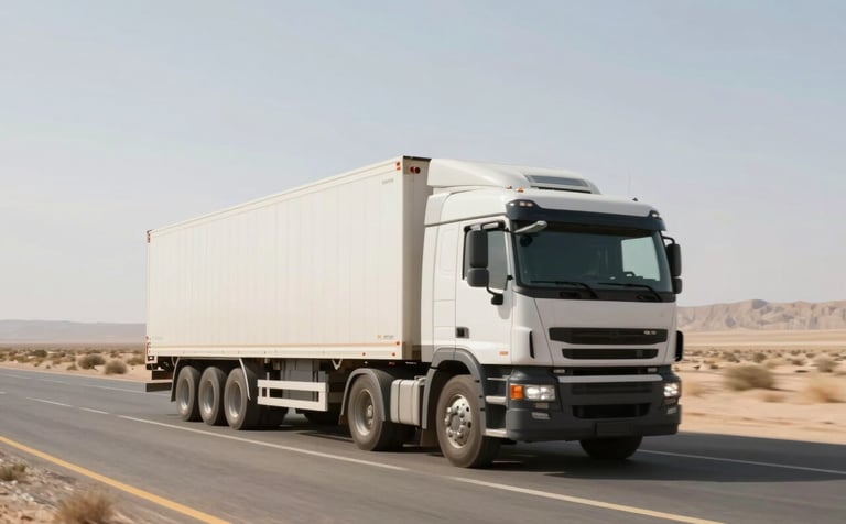 A dynamic shot of a logistics truck traveling along a straight desert road toward the horizon. The image conveys a sense of efficient problem-solving and movement. The lighting is bright and modern, using a palette of #3C3C3B, #B8A79B, and #F3EFEA to symbolize reliable industrial flow.
