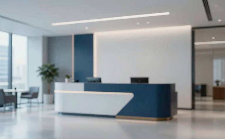 A modern, upscale reception area of a corporate office. Sleek furniture and architectural lines reflecting professionalism and authority. Colors #2F5A6D and #EBF1F5 dominate the scene, creating a trustworthy vibe.