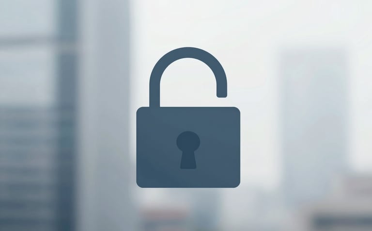 A clean, minimalist visual of a digital padlock icon integrated into a sleek architectural corporate background. Lighting is soft, emphasizing #EBF1F5 and #2F5A6D tones.