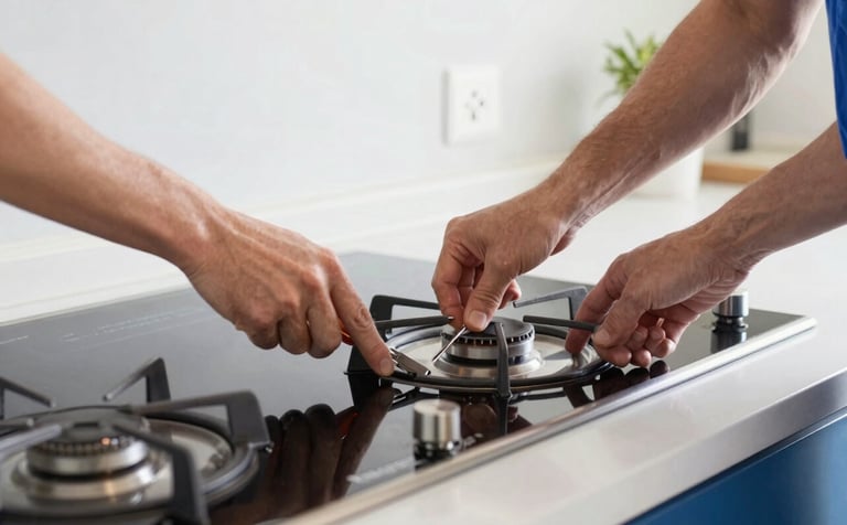 A professional technician installing a sleek black vitrocerámica cooktop in a bright, modern Southern European / Spanish kitchen. The hands are visible using tools, conveying precision. Atmosphere is clean and reliable, with steel blue accents.