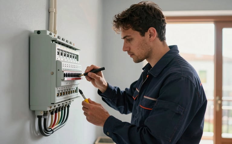 A professional electrician wearing a deep navy work uniform inspecting a residential fuse box in a Southern European / Spanish home. The scene is lit with clean, natural morning light, highlighting tools and the professional's focus on safety. Soft mist grey walls in the background.