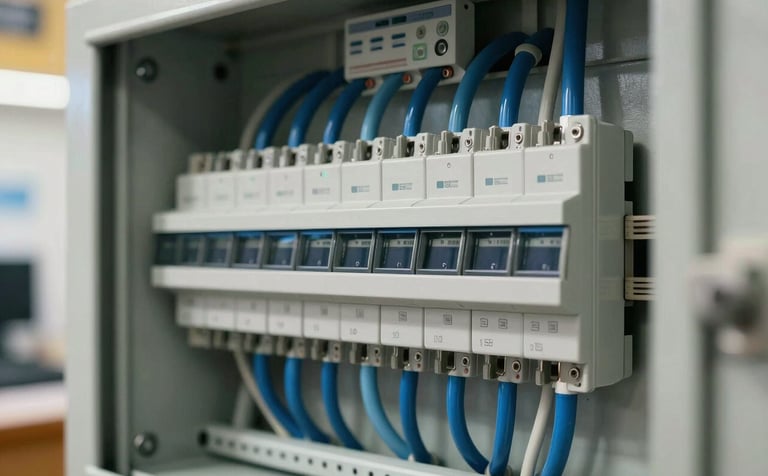 Close-up of a newly installed, modern electrical panel with perfectly organized steel blue and pale blue-grey wiring, located inside a Southern European / Spanish commercial building. The lighting is bright and technical, showing expert craftsmanship.
