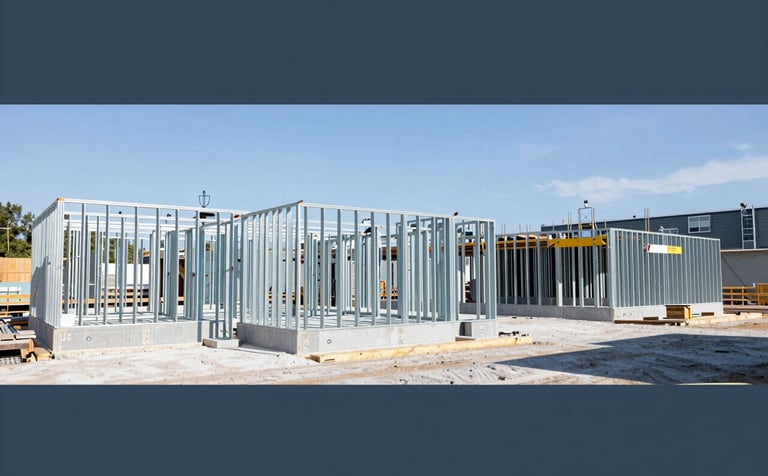A wide shot of a commercial construction project in Maine with metal framing and high-quality drywall installed in a large office space. The lighting is clear and daylight-balanced. The scene looks organized and professional, highlighting sturdy construction and expertise. Palette includes #2C3E50 and #B4C6D7.