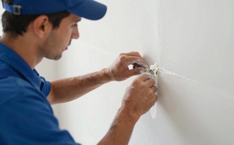 A close-up, professional shot of a skilled drywaller in clean work attire applying joint compound to a seam. The lighting is bright and clean, emphasizing a smooth wall surface. The scene reflects meticulous craftsmanship and reliability, featuring subtle tool accents in #2C3E50 and #617488 tones.