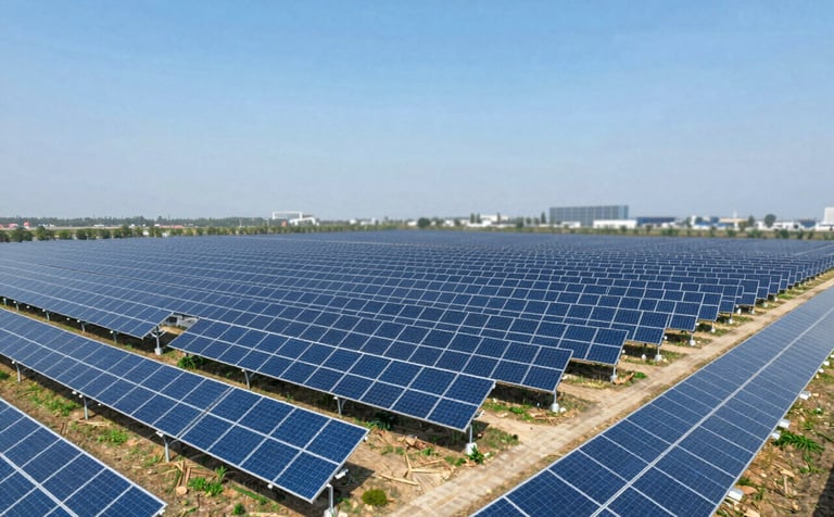 A vast, modern solar farm integrated with precision agriculture fields. Clean lines, blue sky, and a professional, sustainable aesthetic. Tones of #1F365C and #F8F9FC dominate the scene.