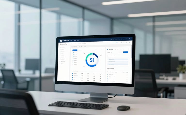 A minimalist, high-end office setting with glass walls and light blue accents. A high-tech workstation showing a complex SaaS dashboard on a sleek monitor. Professional lighting, premium corporate atmosphere with #0F1A2F and #5E9CD1 tones.