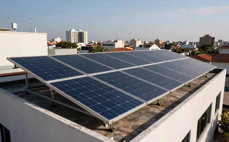 Professional solar panel array installed on the rooftop of a modern South American Brazilian restaurant and hotel building, urban landscape background, clear sky, clean professional look.