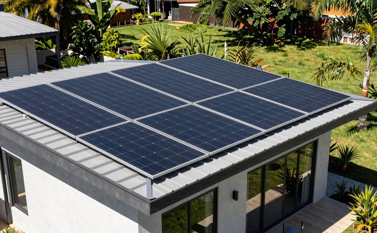 A modern South American Brazilian house with sleek solar panels integrated into the roof architecture, bright sunny daylight, lush green garden in the background, clean and sustainable living aesthetic.