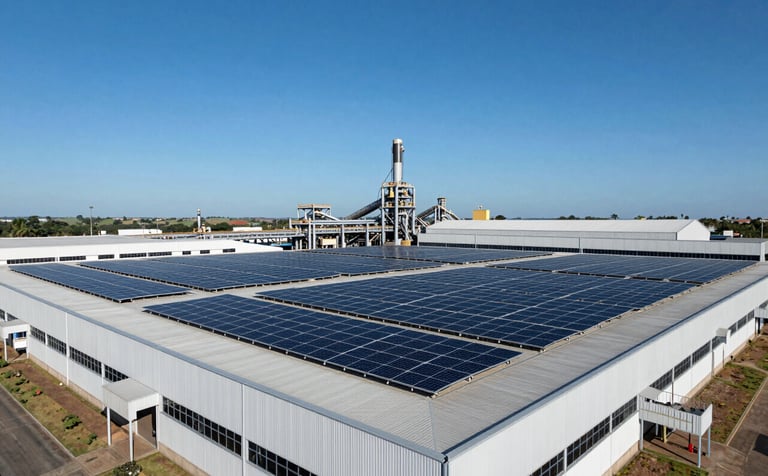 Wide-angle photograph of a large-scale industrial factory in Brazil with a massive solar panel installation across its flat grey roof, blue sky, high-tech and innovative engineering feel.