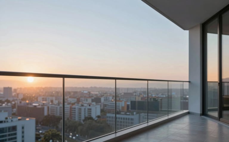 A luxury apartment balcony with a seamless, frameless glass railing (guarda-corpo) providing a clean, unobstructed view of a sunset. The atmosphere is sophisticated and serene, showcasing high precision craftsmanship with colors #BCC9D4 and #F7F9FB.