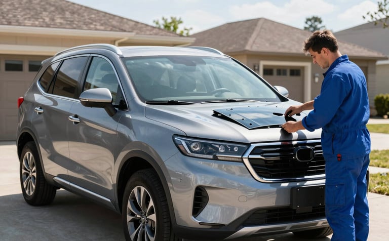 A clean, modern SUV parked in a bright North American driveway while a technician in a professional steel blue uniform prepares a new windshield for installation, clear sky reflected in the glass, high-contrast professional photography.