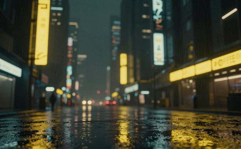 A cinematic landscape of a futuristic cyberpunk city at night. Rain creates reflections on wet pavement. Glowing yellow #FFFF00 neon lights contrast against deep #000000 shadows. High-fidelity AAA game graphics style, ray-traced lighting, ultra-modern aesthetic.