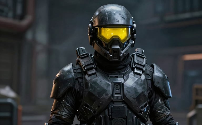 An elite spec-ops soldier wearing futuristic matte-black armor. The helmet features a glowing #FFFF00 visor. The environment is dark and industrial with smoke and metallic textures. Professional cinematic game art, high-fidelity character model.