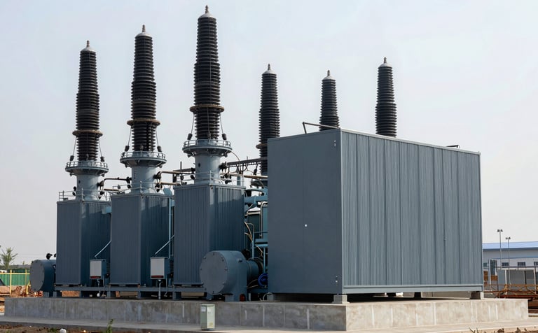 A large 500kva industrial power plant in charcoal and slate blue colors, positioned in a clean construction zone. The composition is robust and modern, emphasizing power and reliability. Soft daylight.