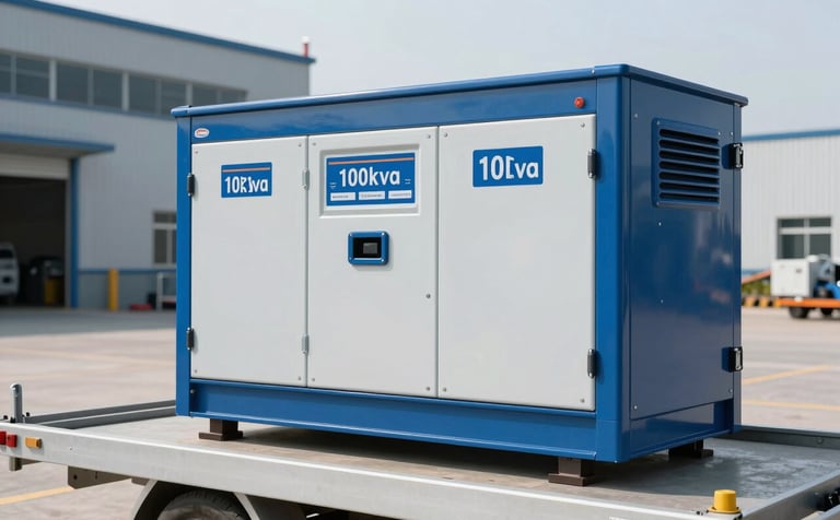 A professional wide shot of a clean, modern 100kva electric generator in royal blue and soft white colors, mounted on a transport trailer in a bright industrial setting. Professional lighting, sharp focus on the machinery.