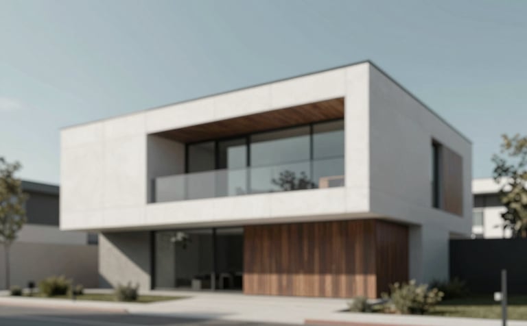 A sophisticated modern minimalist house with clean geometric lines, featuring a mix of white concrete and dark wood accents. The lighting is bright, natural daylight. The landscaping is manicured and understated. Professional architectural photography style, subtly incorporating tones of #5A6B6D and #B0C2C3 in the sky and shadows.