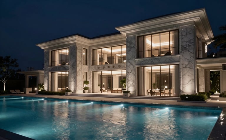 A grand luxury estate featuring floor-to-ceiling glass, marble facades, and a stunning infinity pool in the foreground. Night-time scene with dramatic, elegant architectural lighting. The atmosphere is quiet, elite, and modern. Palette includes deep #2A363B and soft #EDF3F5 highlights on the water.