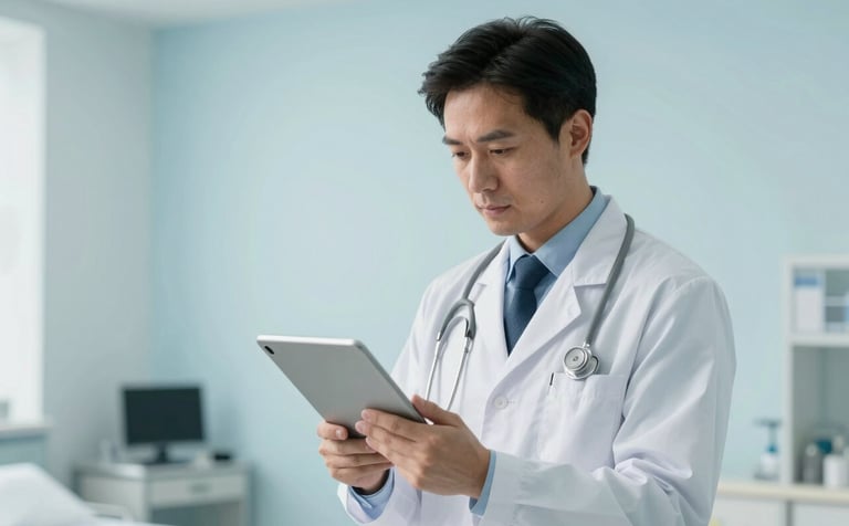 A professional healthcare provider in a modern North American hospital using a tablet to review data. The setting is bright and clean with very light blue wall accents, showing a focused, efficient atmosphere.