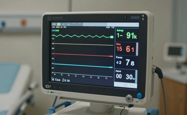 A close-up shot of a high-tech medical monitor displaying patient vitals in a quiet, professional North American hospital room. The lighting is soft, emphasizing reliability and advanced medical technology.