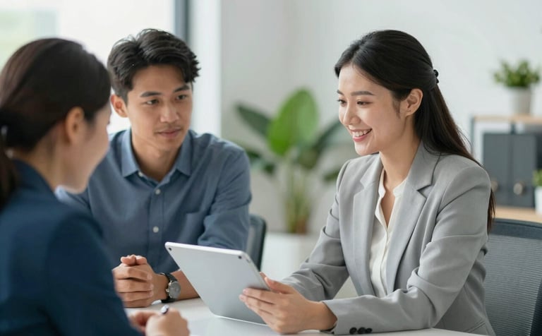 A professional licensed insurance producer, a woman with a warm smile, sitting in a bright office consultating with a diverse young couple. They are looking at a digital tablet showing insurance options. The office has subtle accents of #1E3F66 and #4A7C59 in the decor. Professional, trustworthy atmosphere, soft natural lighting.