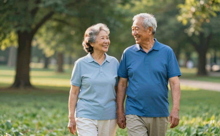An older couple walking joyfully in a park, symbolizing a secure and planned retirement. The atmosphere is peaceful and confident. The lighting is warm golden hour, with soft greens (#4A7C59) and blues (#1E3F66) present in the landscape.