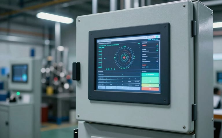 Industrial control panel with a high-resolution touchscreen interface showing real-time manufacturing analytics, professional North American factory setting, cool industrial lighting, dark blue and light grey tones.