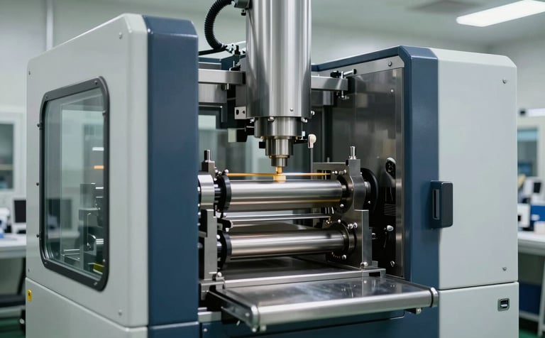 A high-precision pharmaceutical tablet pressing machine in operation, stainless steel and glass construction, professional clean room environment in a North American industrial facility, bright clean lighting, dark blue and light grey machinery accents.
