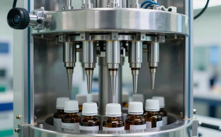 Close-up of automated liquid filling nozzles for medicine bottles in a high-tech engineering plant, stainless steel components, North American industrial setting, sterile atmosphere, medium blue and off white color palette.