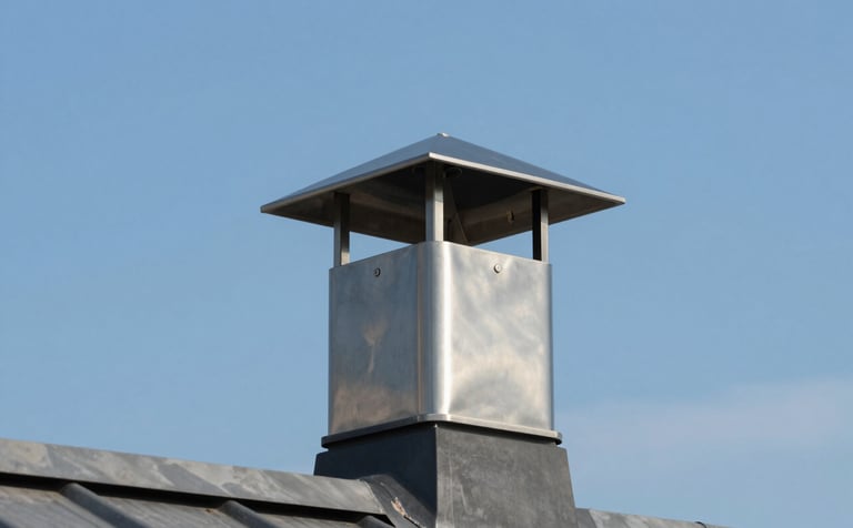 Photography of a high-quality stainless steel chimney cap installed on a roof against a clear blue sky in North America, highlighting modern hardware and clean installation, professional and reliable aesthetic.